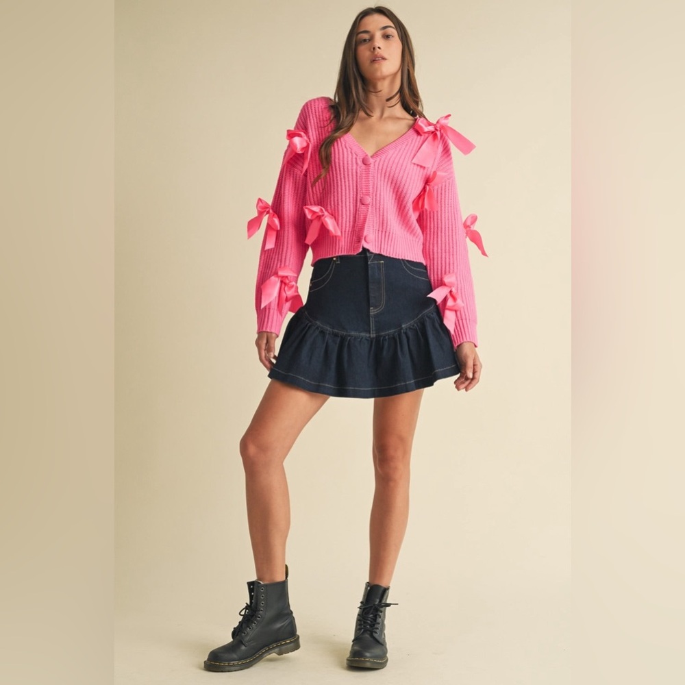 Satin Bow Detail Cropped Cardigan - EB Luxe